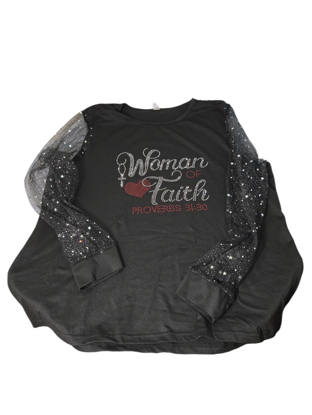 Woman of Faith  Christian Black Sparkle Sleeve Blouse Sze2XL